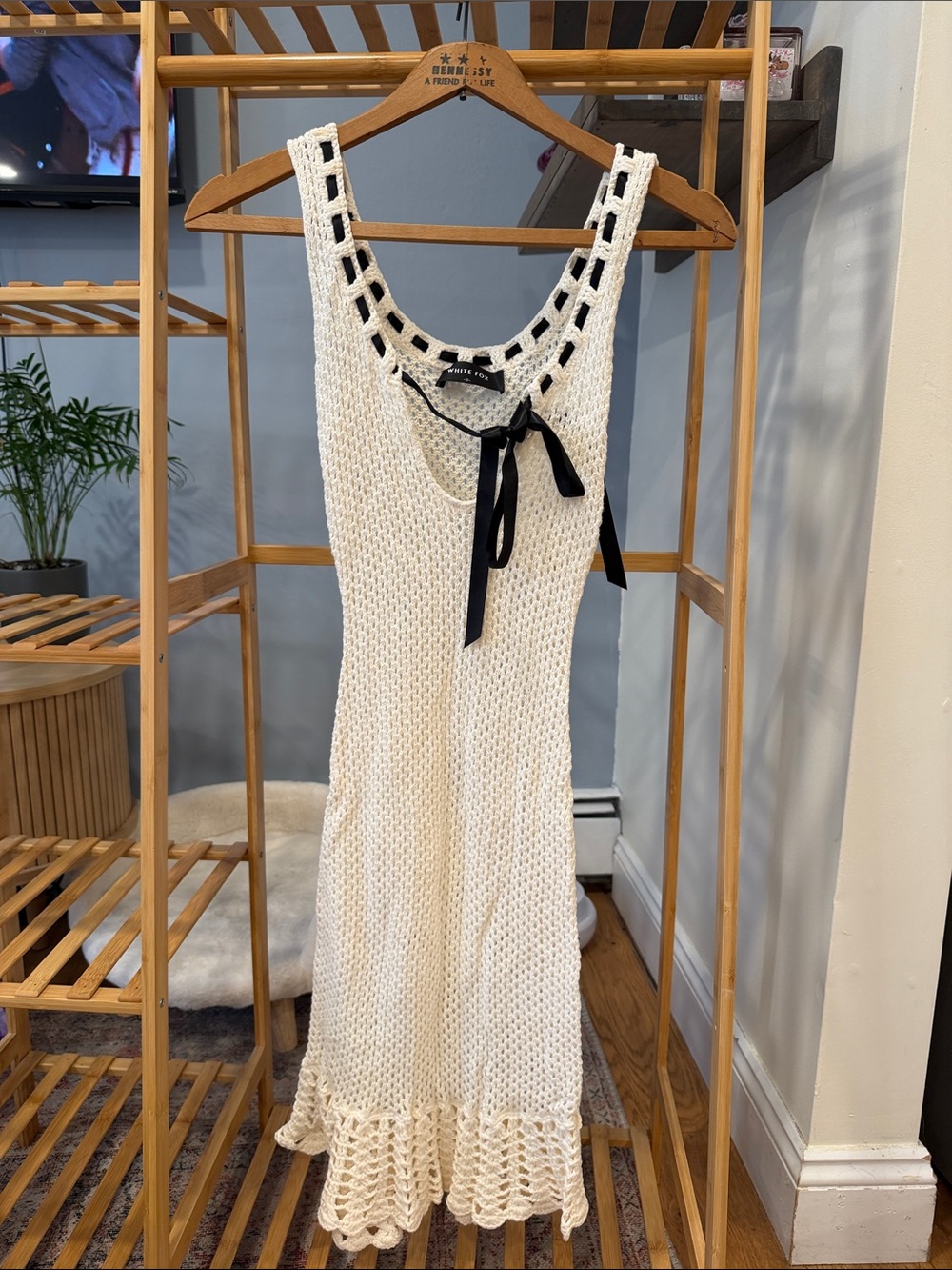 Knit Sleeveless Midi Dress with Ribbon Tie - White